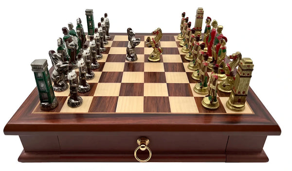 Romans VS Barbarians Set + Rosewood Wooden Chessboard with Drawer