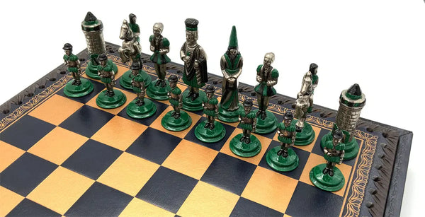 Hand Painted Metal Camelot Small Set + Leatherette Chess Board