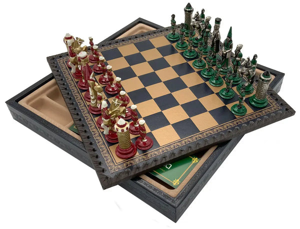 Hand Painted Metal Camelot Small Set + Leatherette Chess Board