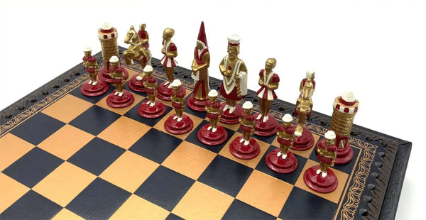 Hand Painted Metal Camelot Small Set + Leatherette Chess Board
