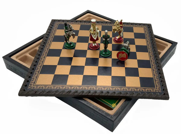 Hand Painted Metal Camelot Small Set + Leatherette Chess Board