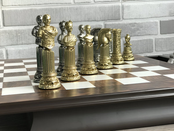 Roman Busts Set + Walnut Briar Wood Chessboard Box