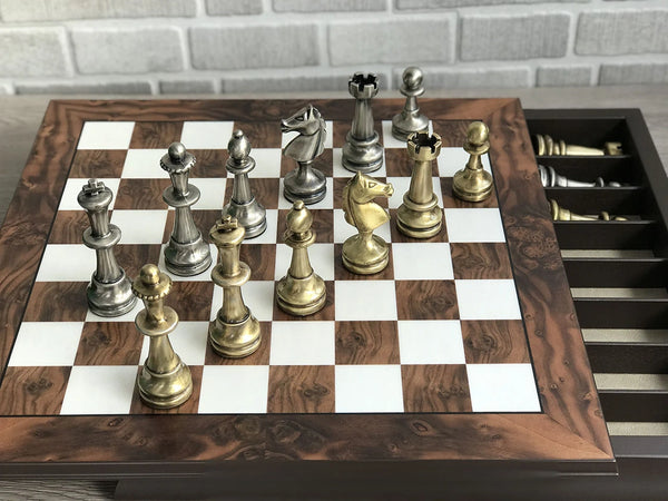 Staunton Set + Walnut Briar Wood Chessboard Box