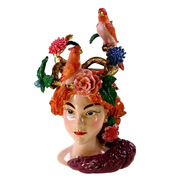 Vase woman's head with parrots