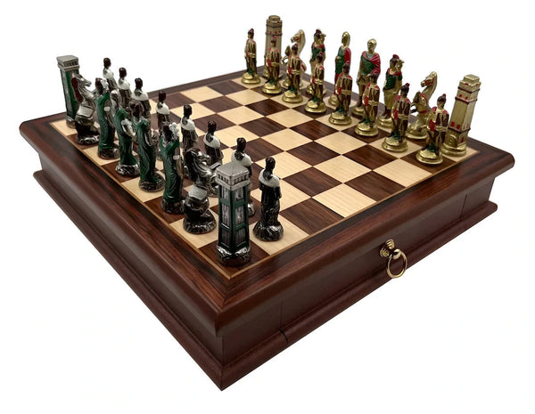 Romans VS Barbarians Set + Rosewood Wooden Chessboard with Drawer