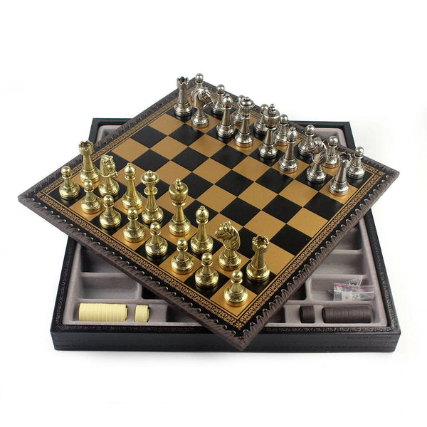 Staunton Set + Leatherette Chessboard Gold Black