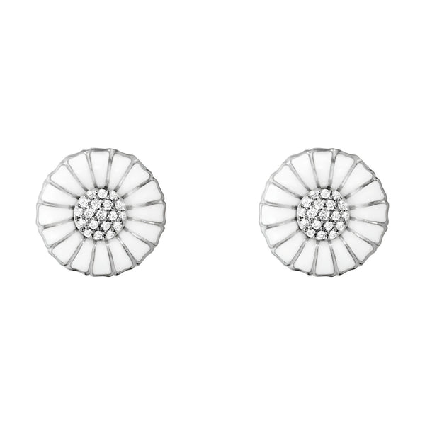 Daisy Sterling Silver Diamond White Enamel Stud Earrings