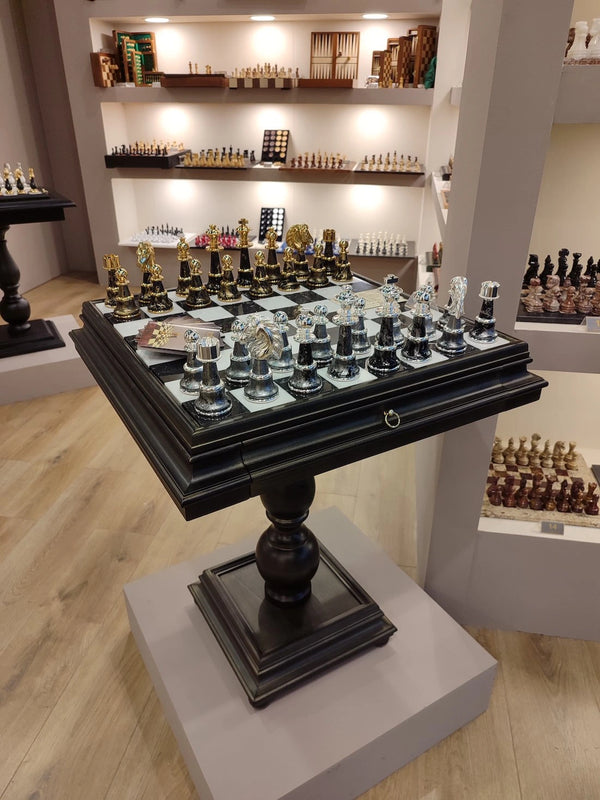 Staunton XL Fantasy Style + Black Finish Wood Chess Table Marble Top Double Drawer