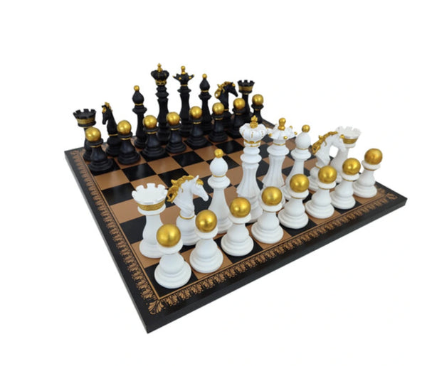 Baroque Set + Leatherette Chessboard Gold Black
