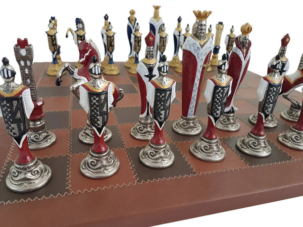 Solid Metal Chess Pieces+Real leather Chess board with dark brown