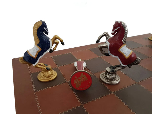 Solid Metal Chess Pieces+Real leather Chess board with dark brown