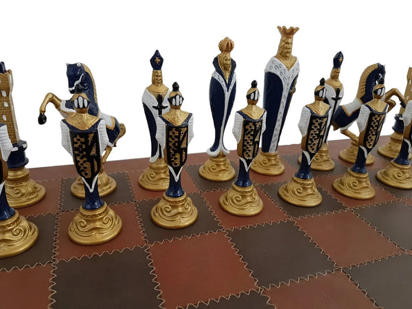 Solid Metal Chess Pieces+Real leather Chess board with dark brown