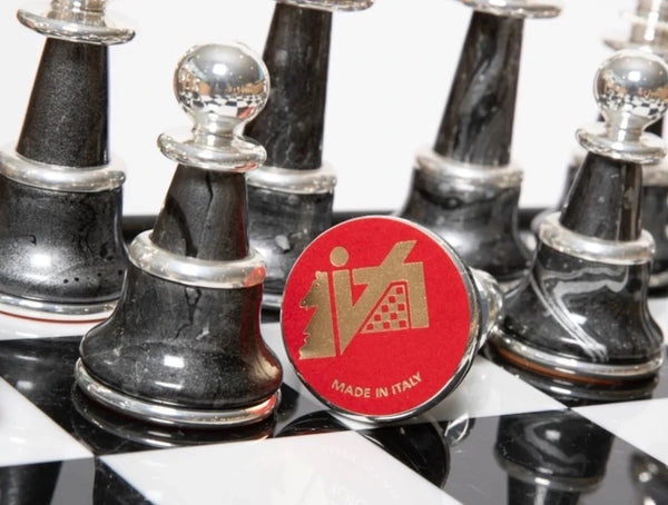 Staunton XL Fantasy Style + Black Finish Wood Chess Table Marble Top Double Drawer