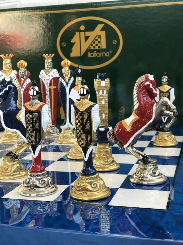 Renassaince Set + Blue Madrona Briar Wood Chessboard Glossy Finish