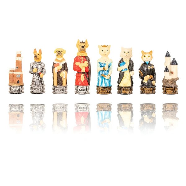 Dogs vs Cats Solid resin chess pieces + Gold Burgundy Leatherette chessboard