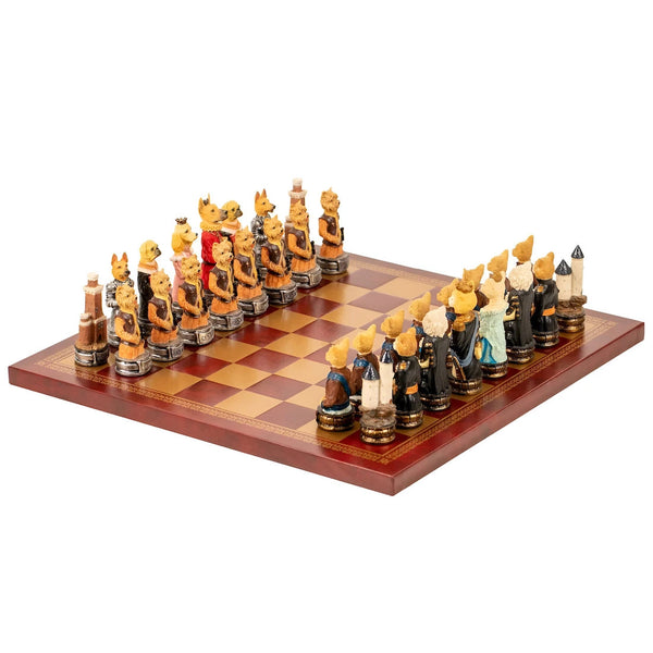 Dogs vs Cats Solid resin chess pieces + Gold Burgundy Leatherette chessboard