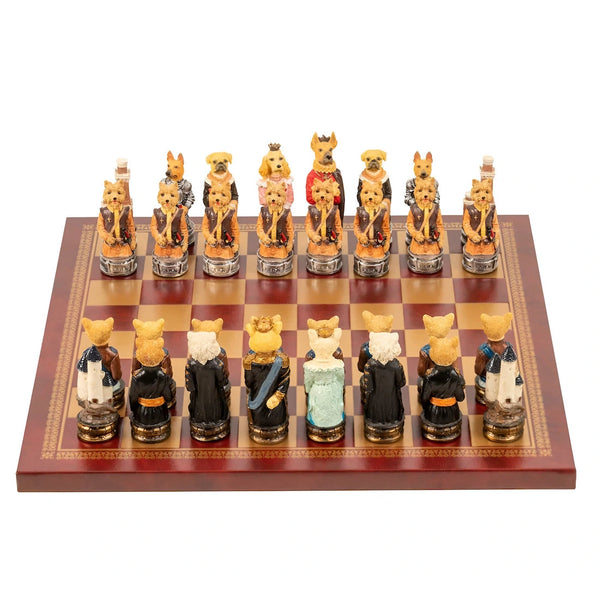 Dogs vs Cats Solid resin chess pieces + Gold Burgundy Leatherette chessboard