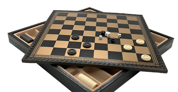 Roman Heads Set + Leatherette Chessboard Gold Black