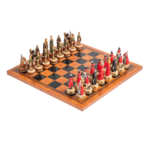 English vs Scottish Hand Painted Resin Chess Pieces + Leatherette Chess Board