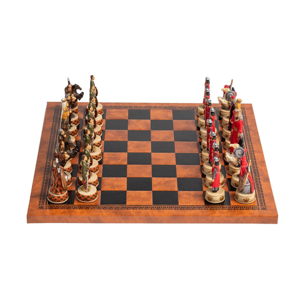 English vs Scottish Hand Painted Resin Chess Pieces + Leatherette Chess Board