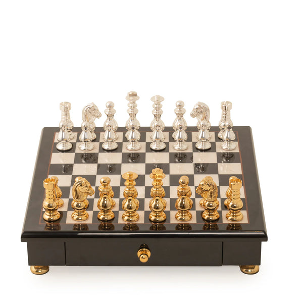 French Set Solid Brass Chess Set + Glossy Wooden Chessboard