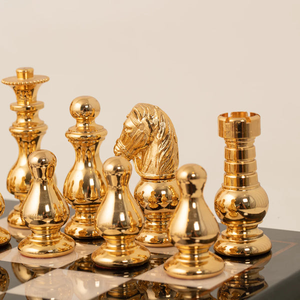 French Set Solid Brass Chess Set + Glossy Wooden Chessboard