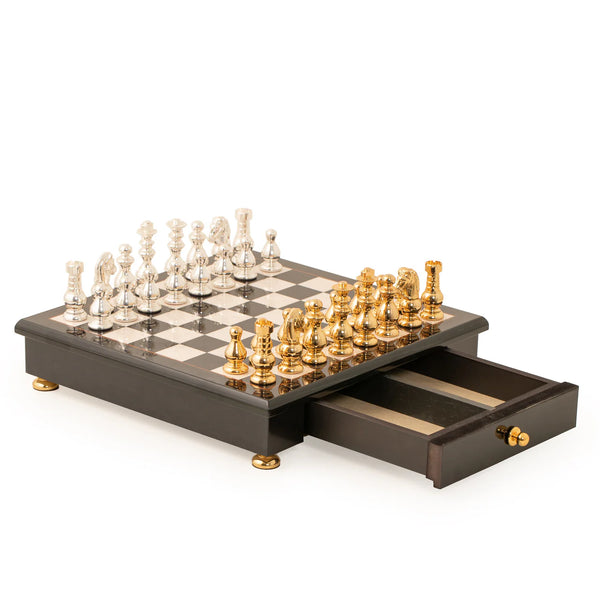 French Set Solid Brass Chess Set + Glossy Wooden Chessboard