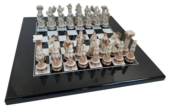 Greek Mythology Chess Set with Black+White Lacquered Wooden Chess Board