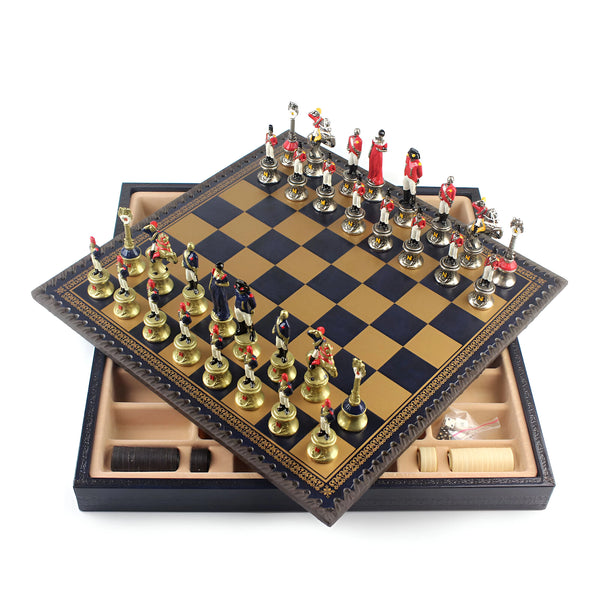 Napoleon Medium Set + Leatherette Gold Blue Chessboard