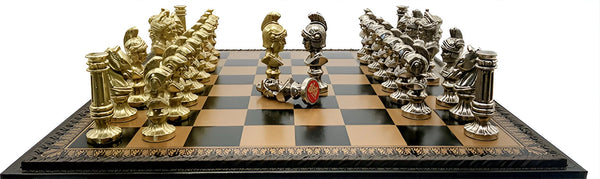 Roman Heads Set + Leatherette Chessboard Gold Black