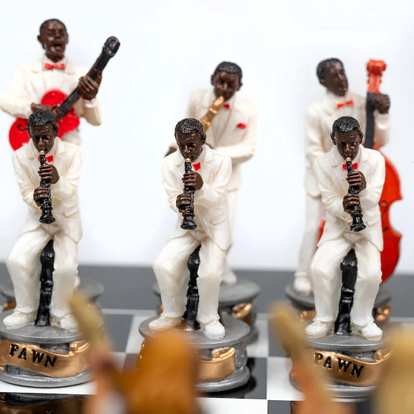 Jazz vs Rock Hand Painted Resin Chess Pieces+Glossy Black Wooden Chessboard