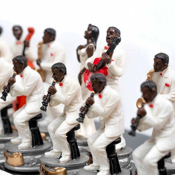 Jazz vs Rock Hand Painted Resin Chess Pieces+Glossy Black Wooden Chessboard