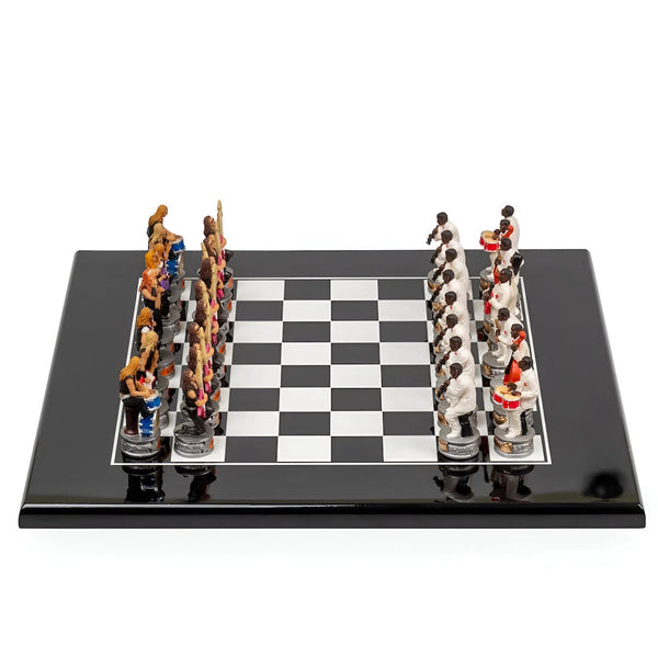 Jazz vs Rock Hand Painted Resin Chess Pieces+Glossy Black Wooden Chessboard