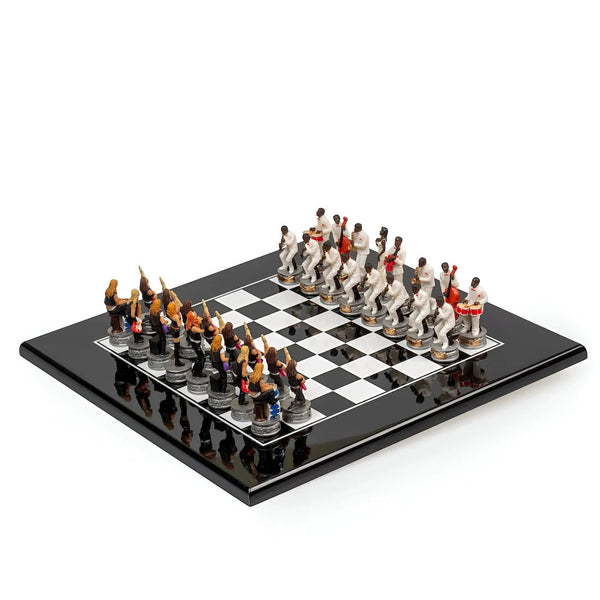 Jazz vs Rock Hand Painted Resin Chess Pieces+Glossy Black Wooden Chessboard