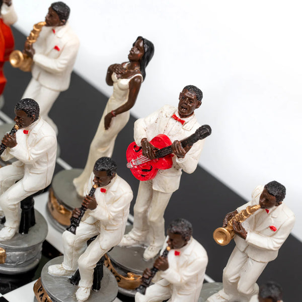Jazz vs Rock Hand Painted Resin Chess Pieces + Leatherette Chess Board