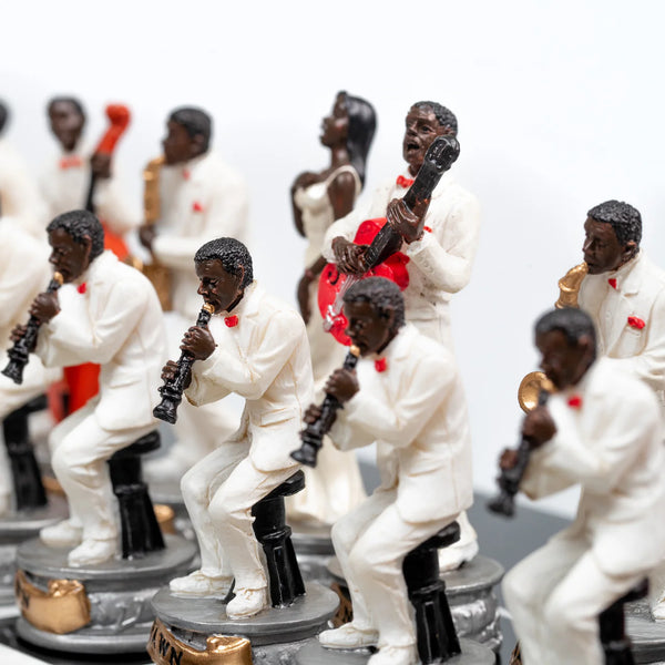 Jazz vs Rock Hand Painted Resin Chess Pieces + Leatherette Chess Board