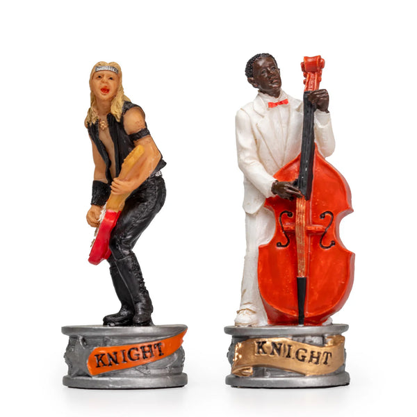 Jazz vs Rock Hand Painted Resin Chess Pieces + Leatherette Chess Board