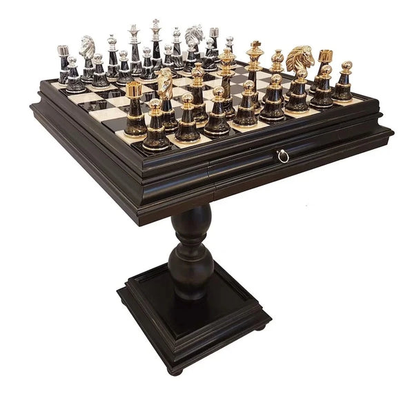 Staunton XL Fantasy Style + Black Finish Wood Chess Table Marble Top Double Drawer