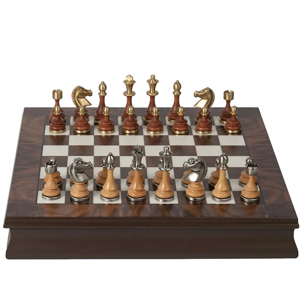 Staunton Set Solid Brass Wood Chess Pieces+Walnut Maple Wooden Board