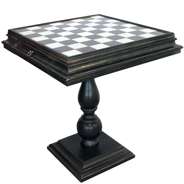 Staunton XL Fantasy Style + Black Finish Wood Chess Table Marble Top Double Drawer