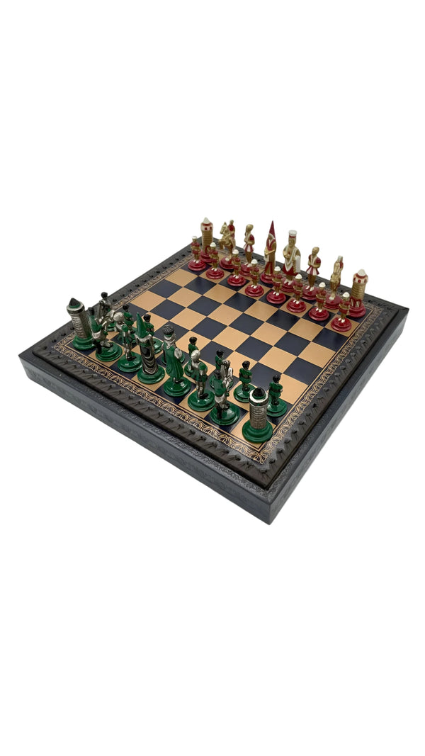 Hand Painted Metal Camelot Small Set + Leatherette Chess Board