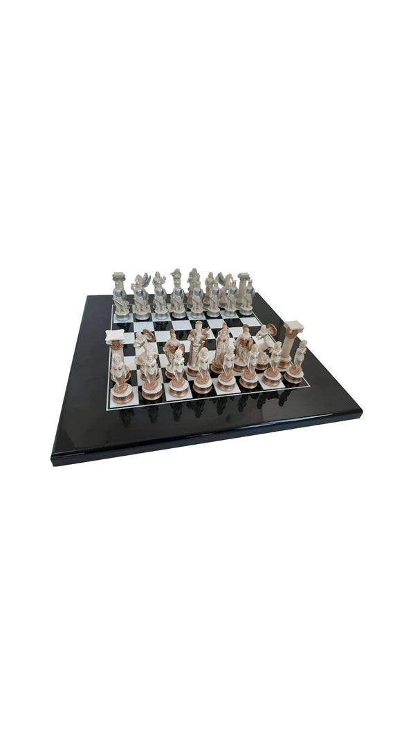 Greek Mythology Chess Set with Black+White Lacquered Wooden Chess Board