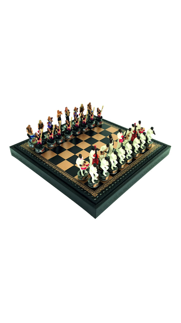 Jazz vs Rock Hand Painted Resin Chess Pieces + Leatherette Chess Board
