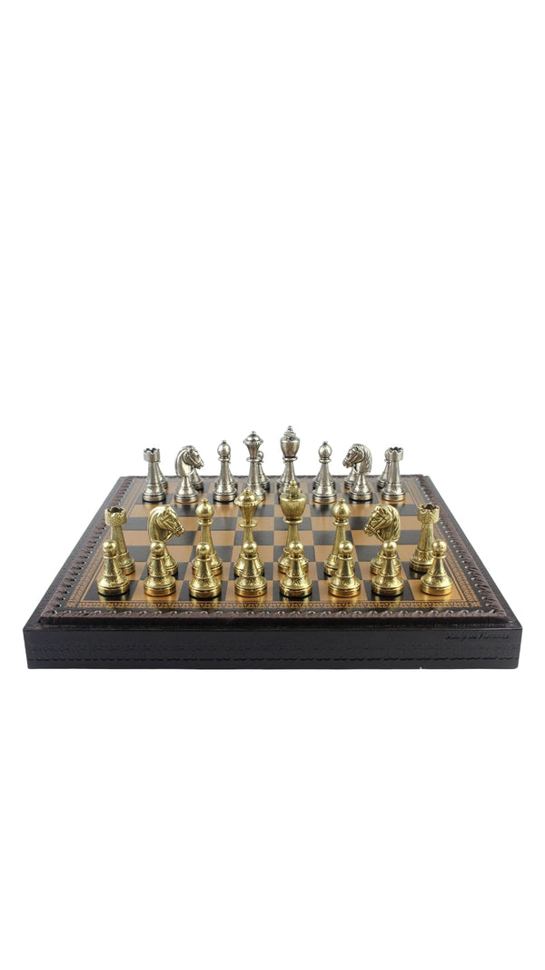 Staunton Set + Leatherette Chessboard Gold Black