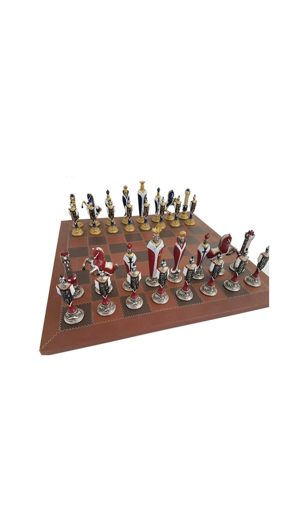 Solid Metal Chess Pieces+Real leather Chess board with dark brown