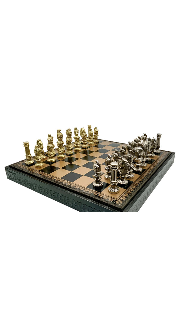 Roman Heads Set + Leatherette Chessboard Gold Black