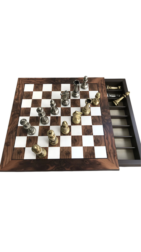 Staunton Set + Walnut Briar Wood Chessboard Box
