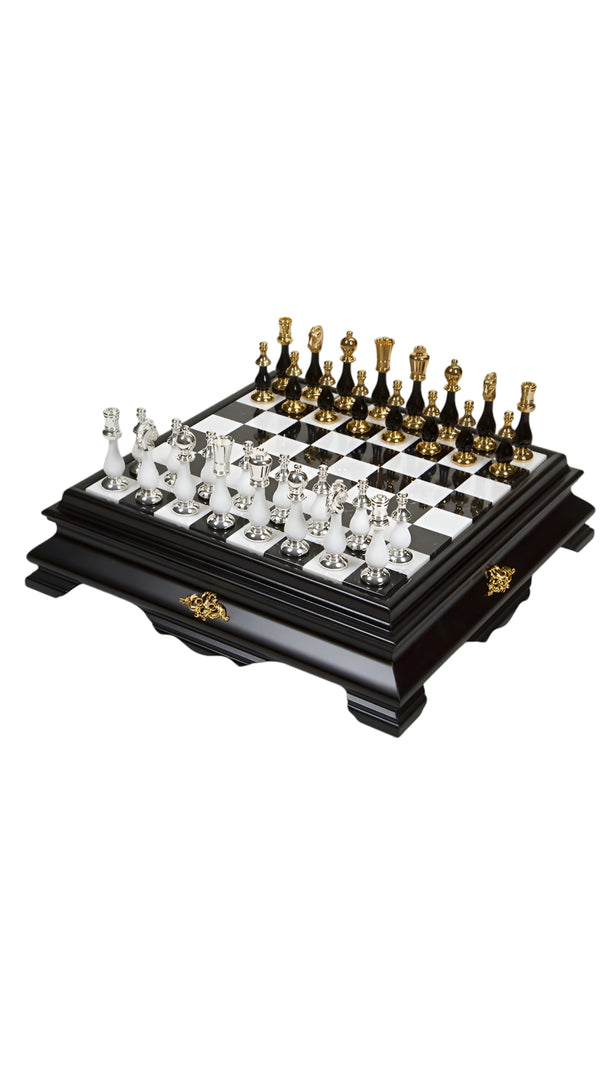 Oriental Big Set Black White Version + Wooden Chessboard Box Marble Top