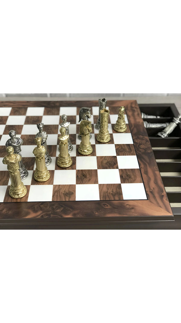 Roman Busts Set + Walnut Briar Wood Chessboard Box