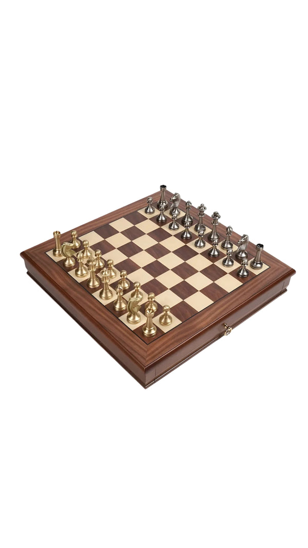 Solid Brass Chess Pieces + Walnut Maple Chessboard with drawer